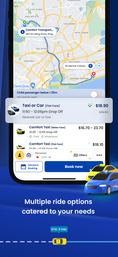Oberfläche der CDG Zig App, die verschiedene Taxibuchungsoptionen und Preise mit einer Route auf einer Karte von Singapur anzeigt