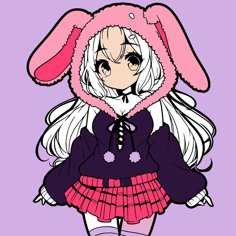 pretty anime girl wearing a fluffy hoodie with bunny ears on the hood and a skirt