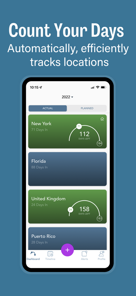 TaxBird app dashboard displaying automated day tracking and residency thresholds for New York, Florida, and the United Kingdom.
