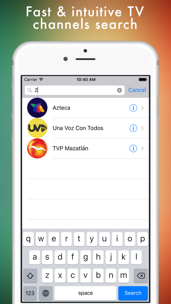 Iphone screen showing the search bar and channel list for Mexican TV channels in the TV Mexicana app.