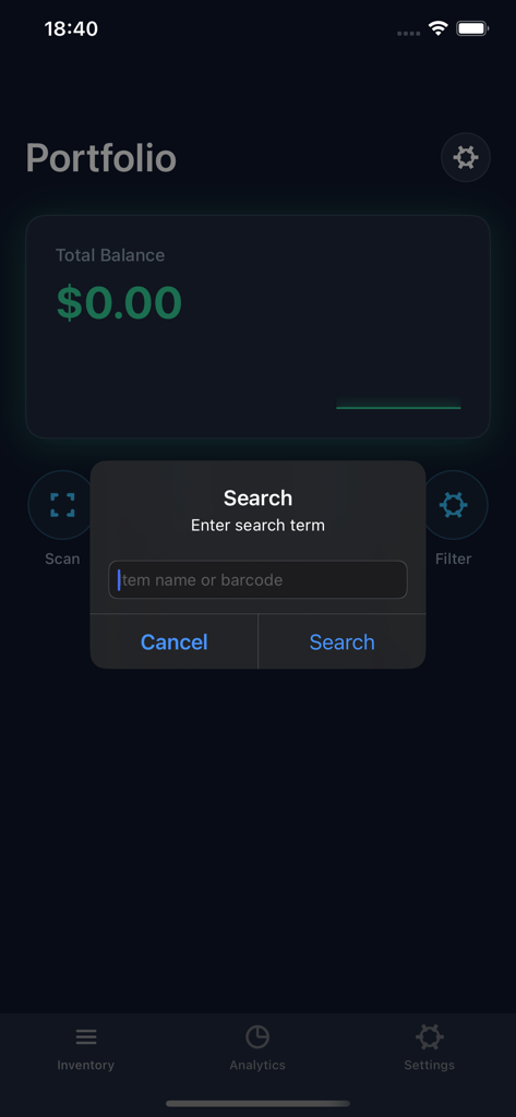 Barcode-Simple Inventory - Search popup in the Barcode-Simple Inventory app interface to find items by name or barcode