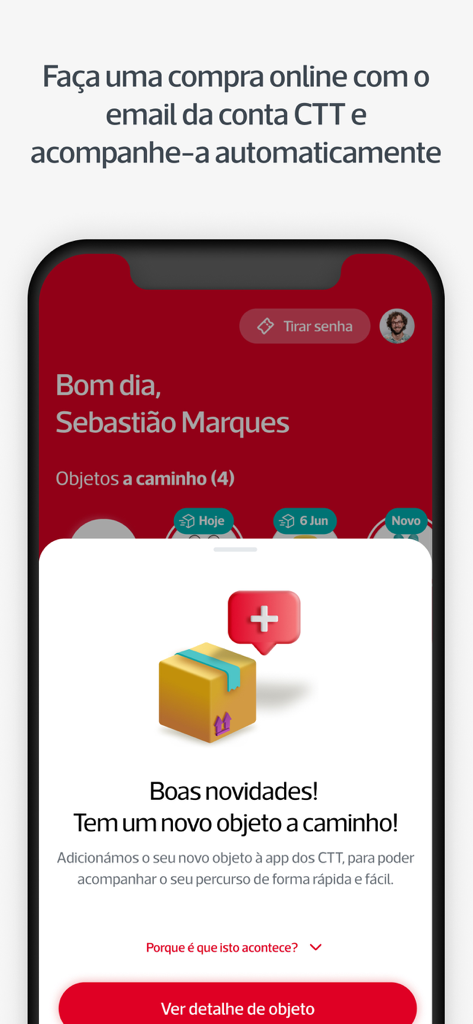 Pantalla de smartphone mostrando la aplicación CTT Portugal con una notificación de un nuevo paquete en camino