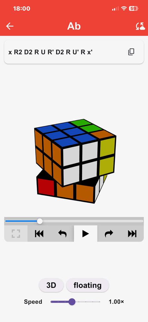 Rubiks Cube algorithm trainer showing 3D visualization and move notation for the Ab permutation