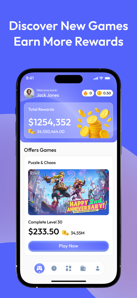 Sudoku Cash app interface showing total rewards and available game offers to earn cash prizes