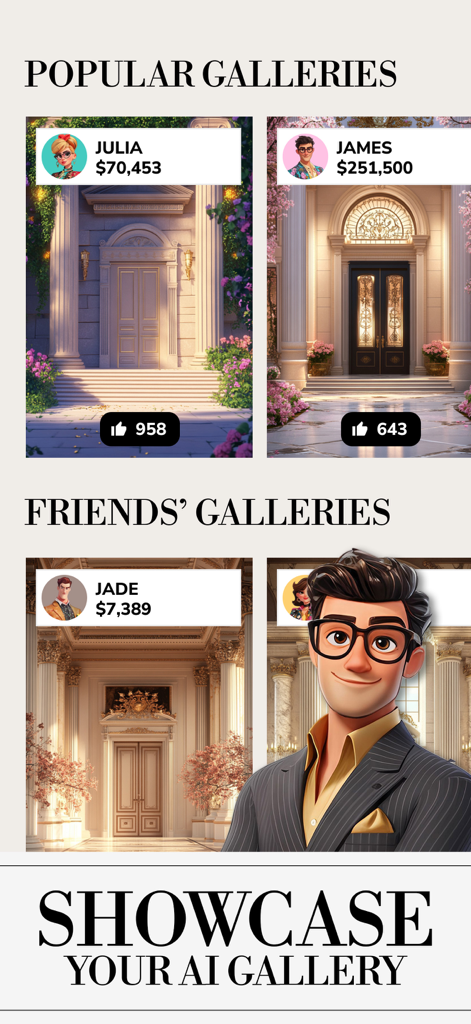 GFAL Diamond Dreams Match - Interface showcasing popular and friends AI galleries with luxury interior designs and character profiles
