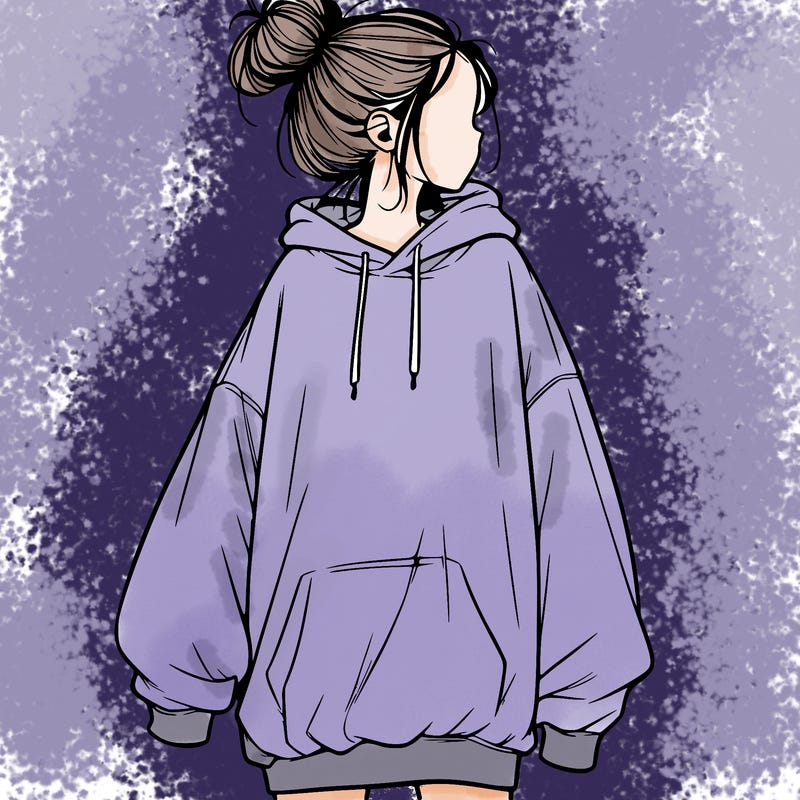realistic girl with a oversized sweatshirt on and a bun