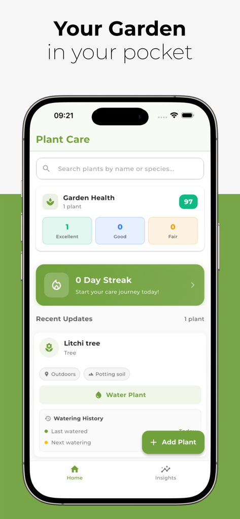 Plant-Care - Plant-Care mobile App-Oberfläche zeigt den Garten-Gesundheits-Score und die Bewässerungsaufgaben für einen Litschi-Baum