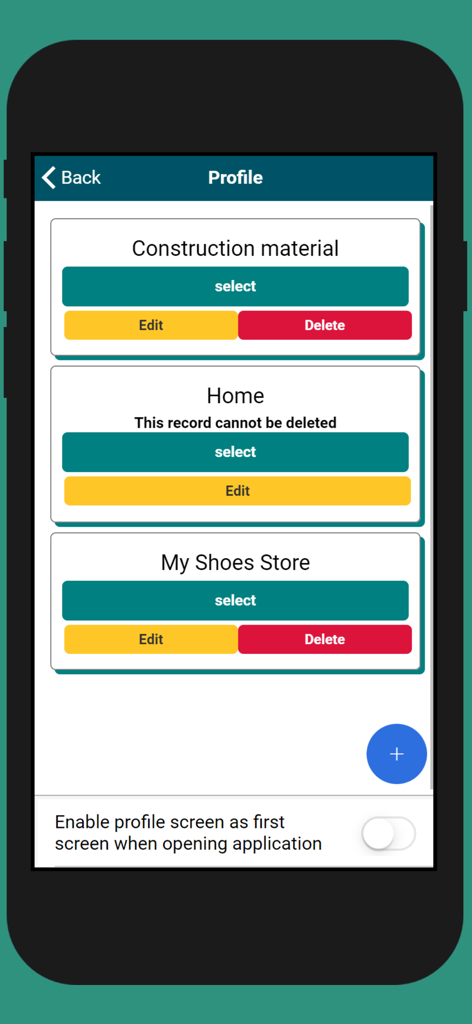 Pantalla de gestión de perfiles de Easy Money Manager que muestra varias categorías de gastos como hogar y negocios