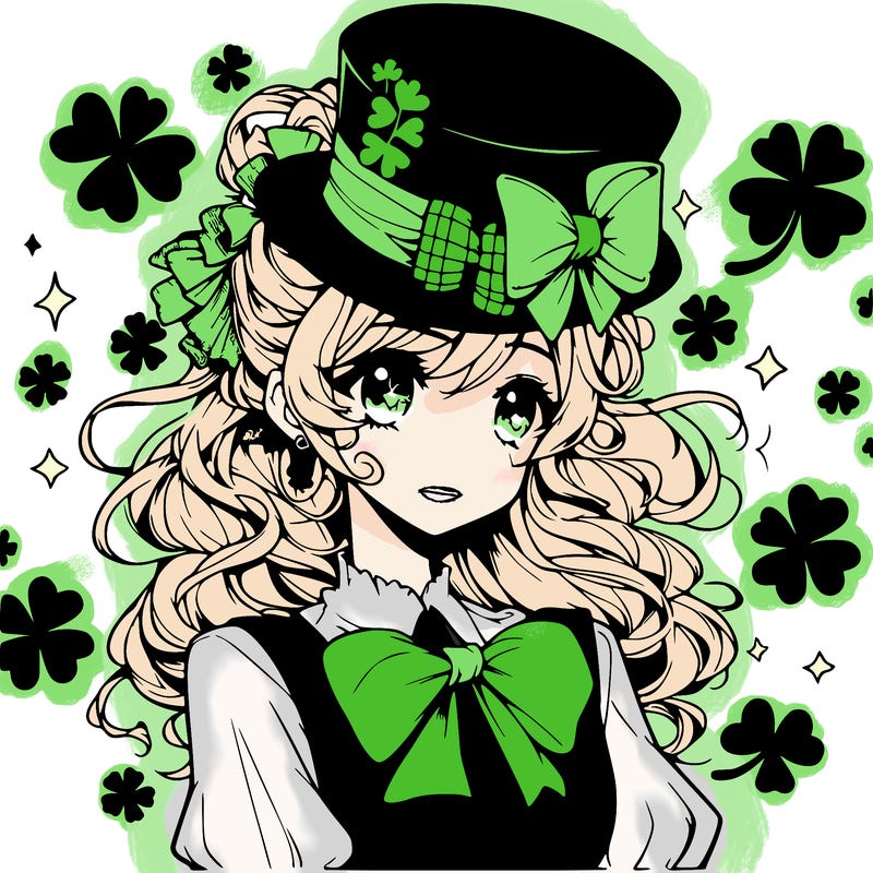 a manga-style girl with clovers around her, a little hat in her hair, like it's saint patrick's day