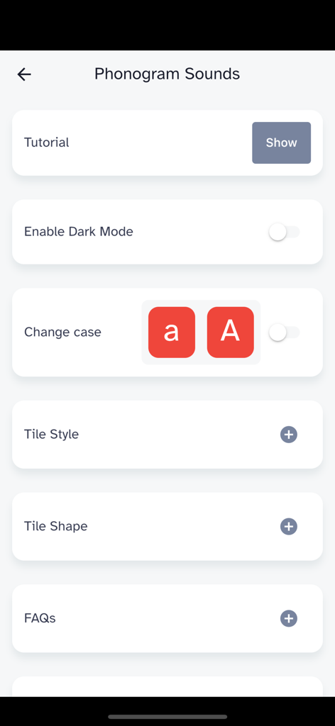 Phonogram Sounds - Settings screen of the Phonogram Sounds app showing customization options for dark mode letter case and tile style