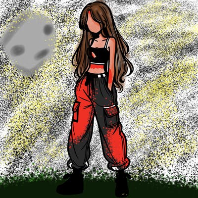 girl in baggy pants crop top and long hair