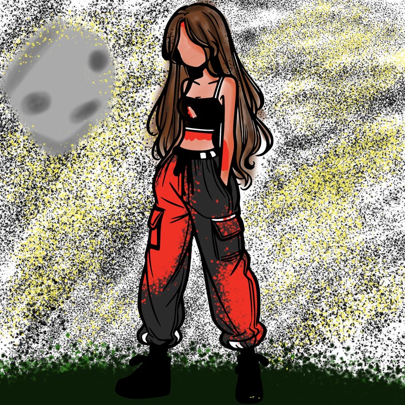 girl in baggy pants crop top and long hair