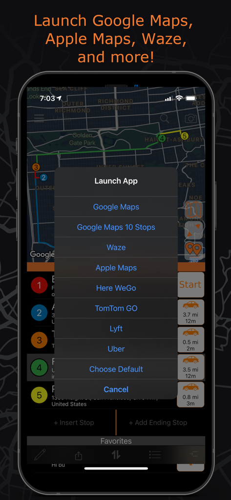 PlaceMaker Route Planner - PlaceMaker Route Planner interface showing a menu to launch external navigation apps like Google Maps Waze and Apple Maps