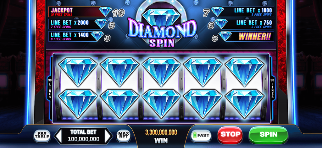 Play Las Vegas - Casino Slots - A big jackpot win on the Diamond Spin slot machine featuring blue diamonds