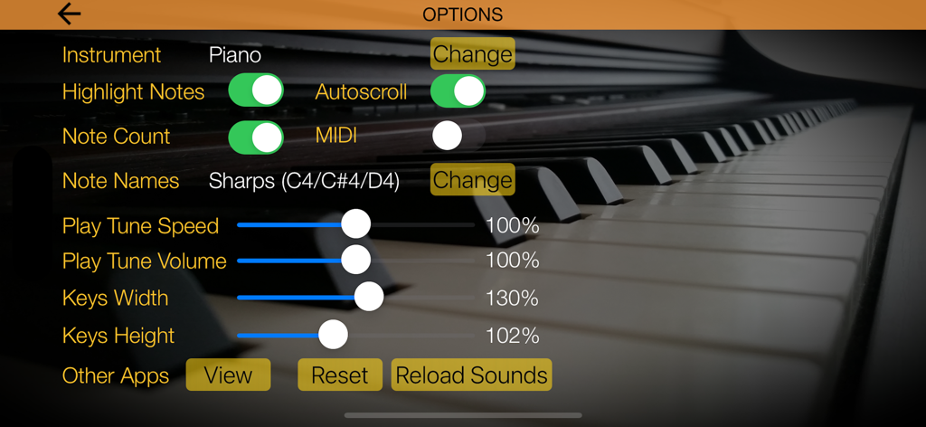 O menu de opções do aplicativo Piano Melody Pro mostrando configurações personalizáveis para tipo de instrumento, largura da tecla e velocidade de reprodução