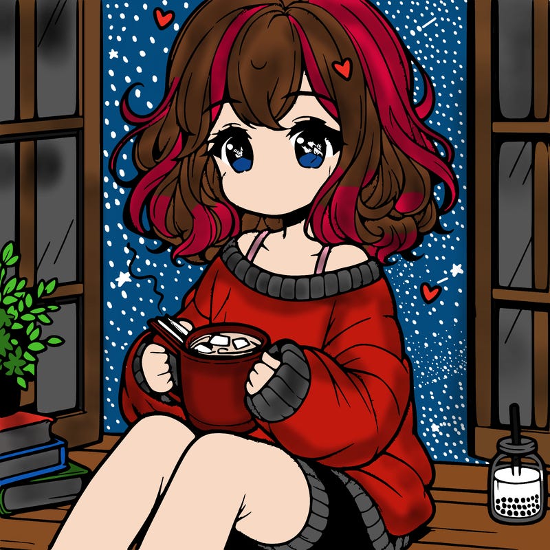 cute anime girl reading book and drinking hot chocolate from mug with loose wavy hair wearing a baggy sweatshirt and shorts sitting by windowsill looking out