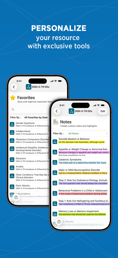Schermate dell'app Manuale Diagnostico DSM-5-TR che mostrano le funzioni preferiti clinici e note personalizzate