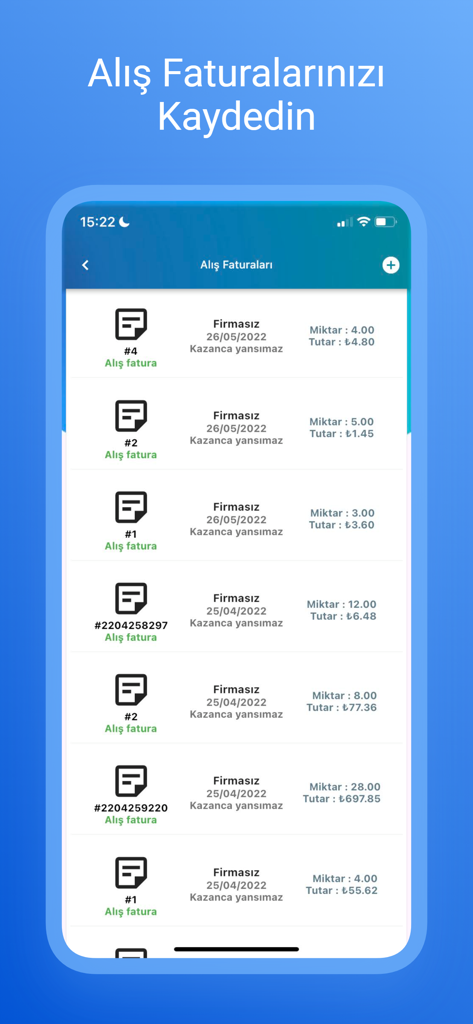 A list of purchase invoices within the BenimPOS Pro app showing transaction dates and totals.