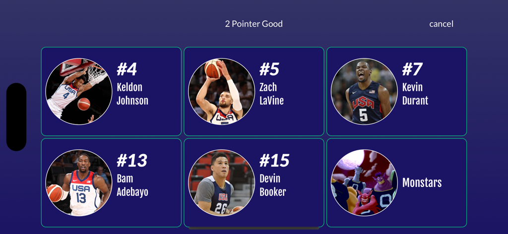 Easy Stats for Basketball - Basketball player selection grid for recording a successful 2 point shot