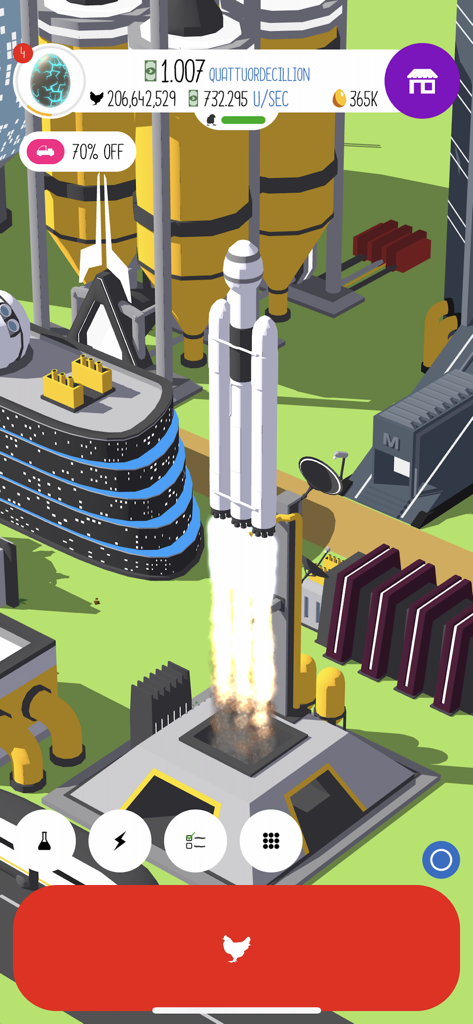A rocket launching from a launch pad on a futuristic chicken farm in the Egg Inc mobile game
