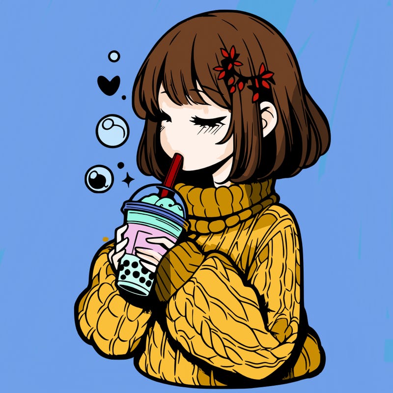 manga girl drinking boba in cozy sweater