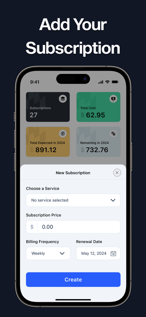 Tela de aplicativo móvel mostrando um formulário para adicionar uma nova assinatura com um painel de custos em segundo plano