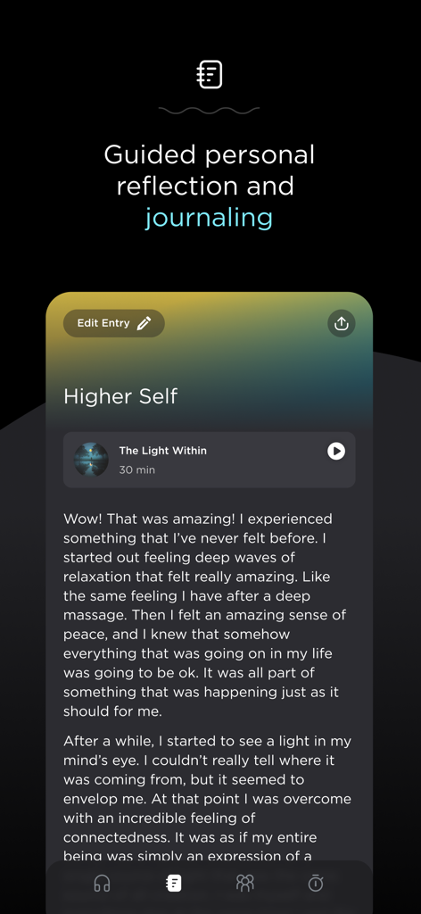 Expand: Beyond Meditation - Screenshot of the Expand app showing a personal reflection and journaling page after a meditation session.