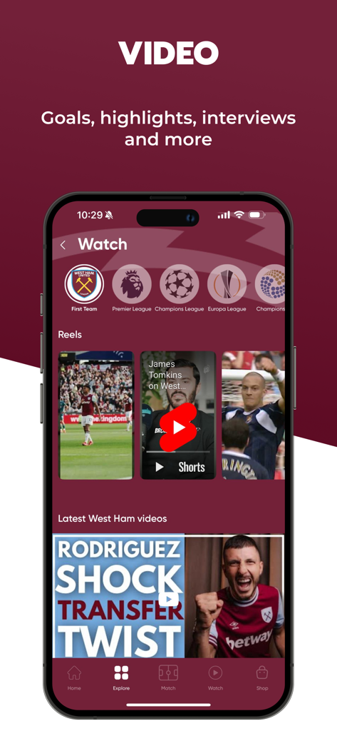 COYIrons용 모바일 앱 화면은 웨스트햄 축구 골, 하이라이트 및 이적 뉴스 인터뷰를 보여줍니다.