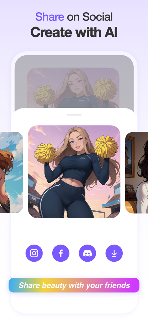 Mobile app interface of Anime Art AI Generator showing social media sharing options for an AI generated anime cheerleader character.