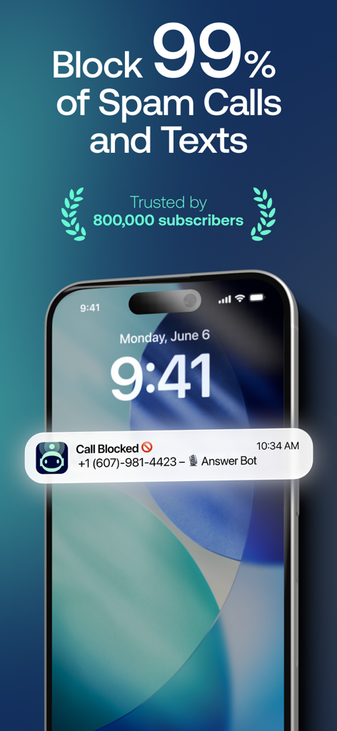 Robokiller app screen showing 99 percent spam call and text blocking and a call blocked notification
