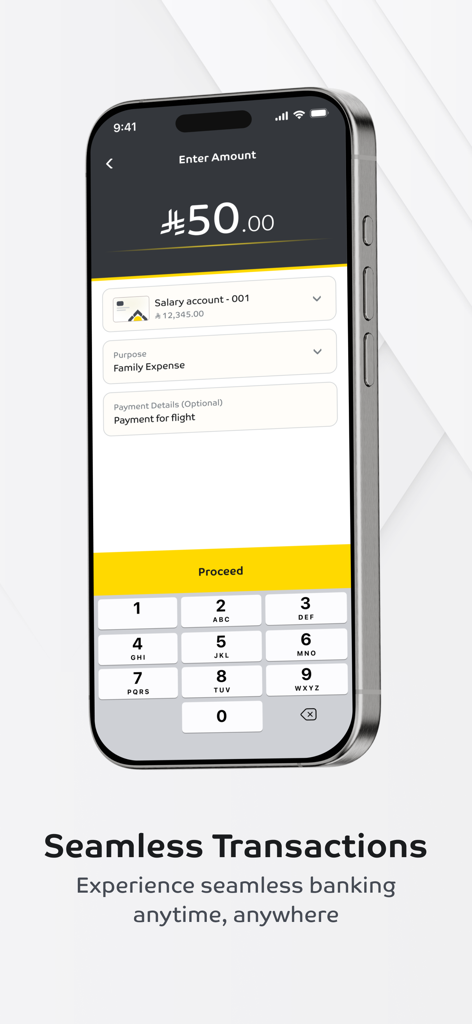 SAIB Mobile app interface showing a seamless transaction screen for entering an amount and payment details