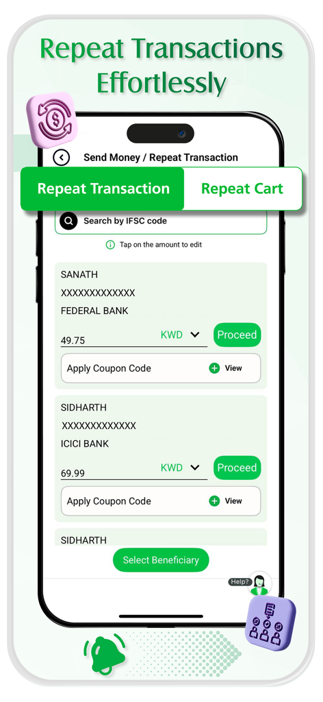 Al Mulla Exchange - Schermata dell'app mobile Al Mulla Exchange che mostra l'interfaccia di ripetizione transazione con beneficiari salvati per facili trasferimenti di denaro