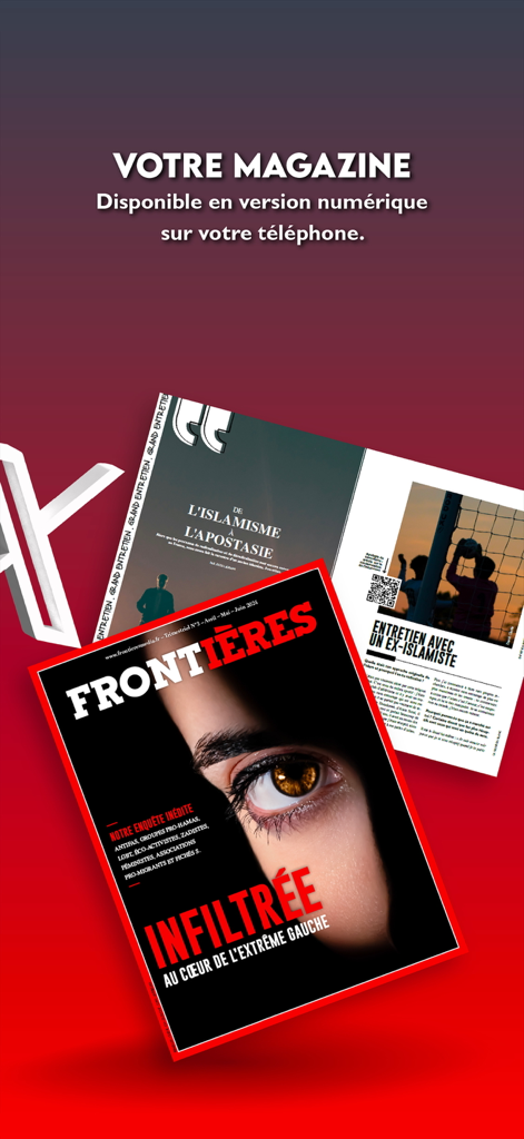 Frontieres Media digital magazine featuring investigative reports on a smartphone.