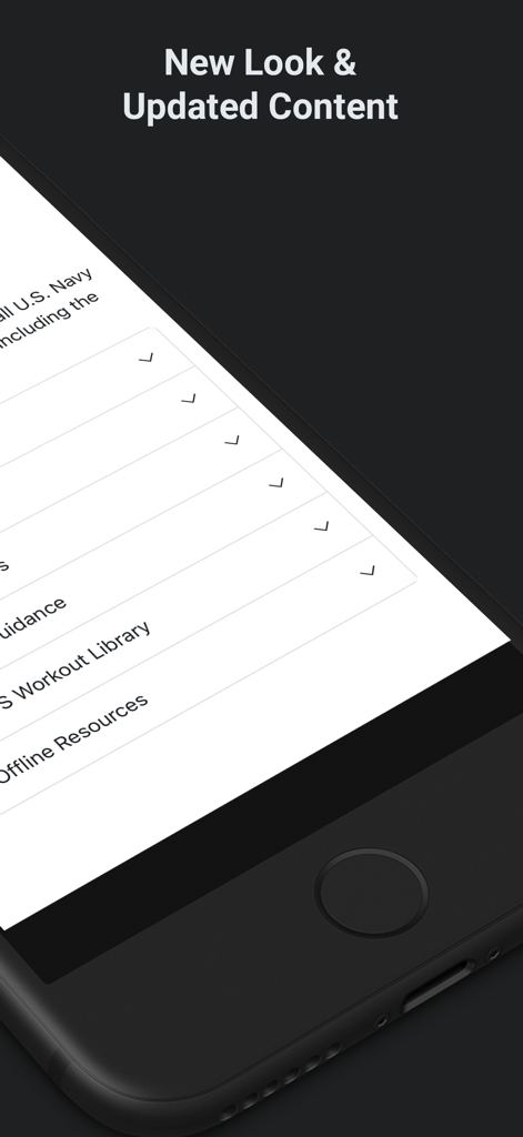 Official Navy PFA - A smartphone displaying the Official Navy PFA app menu with options for workout library and offline resources under a header stating New Look and Updated Content