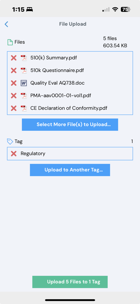 ShareVault mobile app interface for uploading regulatory documents with tagging options