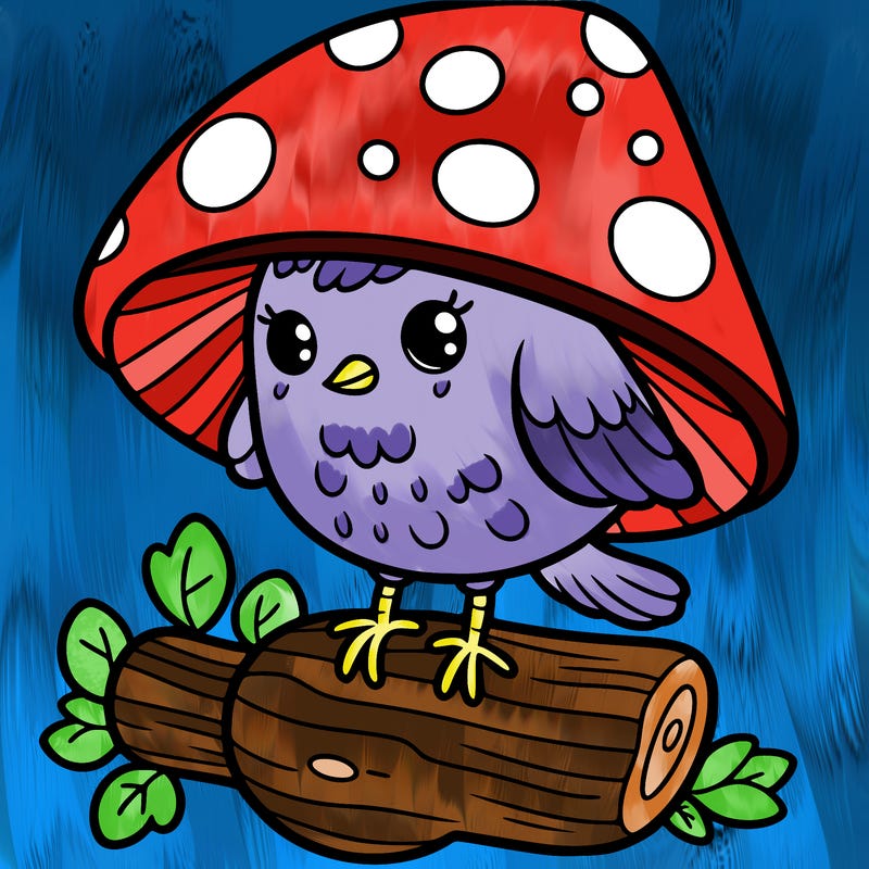 bird in a mushroom hat