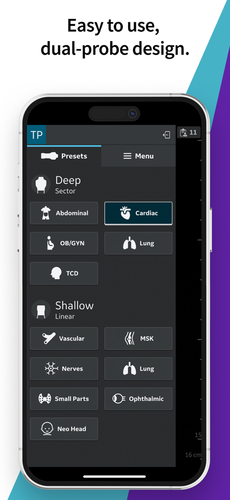 Pantalla de smartphone que muestra la aplicación de ecografía Vscan Air con ajustes preestablecidos de escaneo profundo y superficial