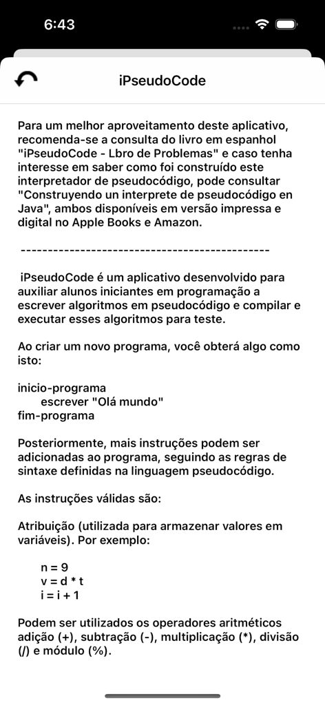 iPseudoCode tutorial screen in Portuguese showing basic programming logic and syntax