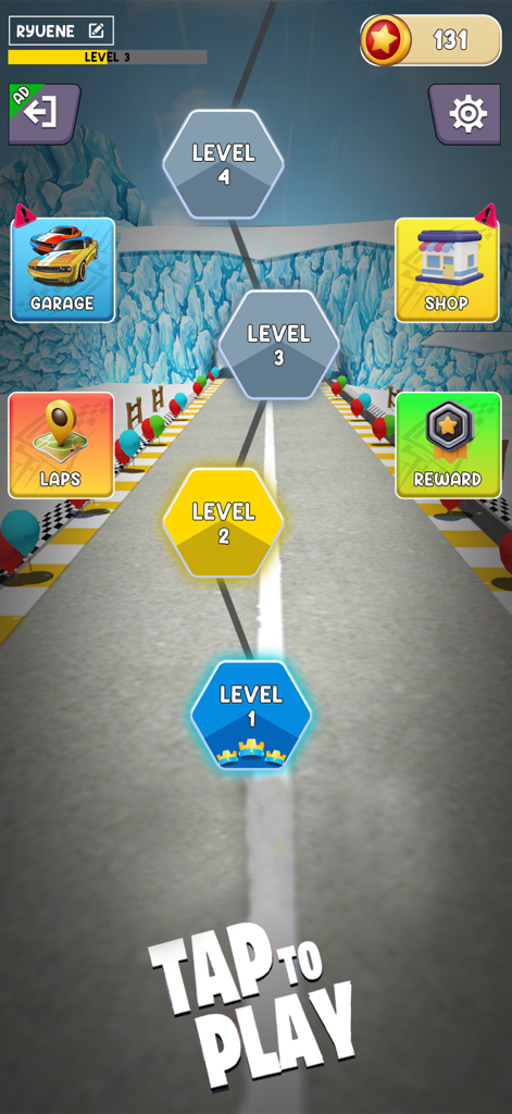 Mega Ramp Car: Stunt Car - Main menu of Mega Ramp Car Stunt Car showing level selection and game options