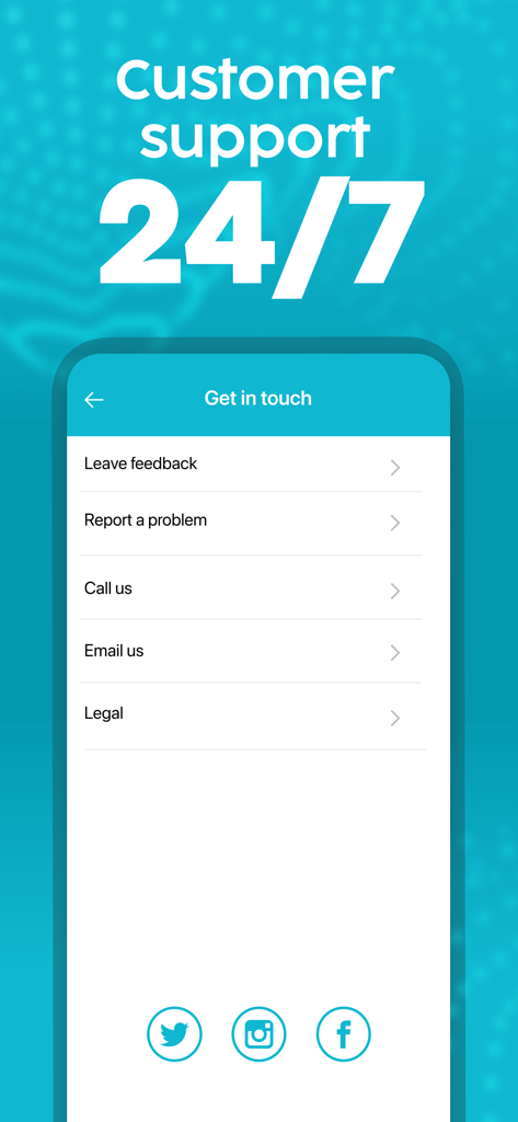 Wsslini app contact screen displaying 24/7 customer support options and social media links