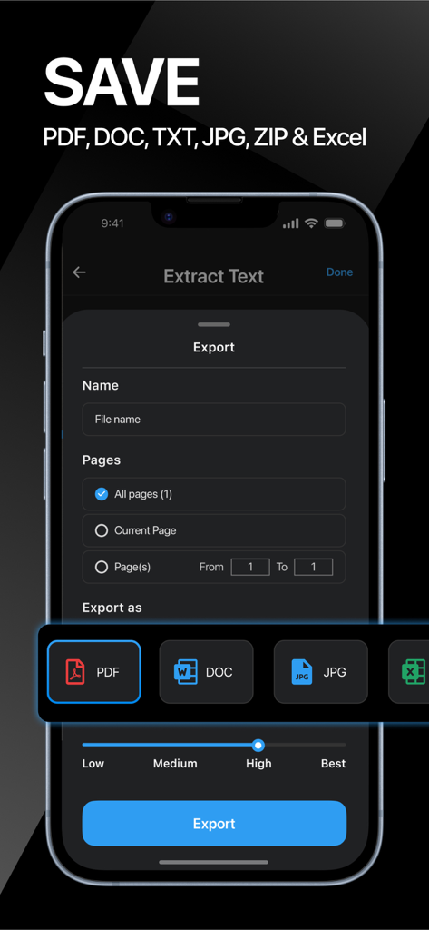 The export interface of ScanNow showing options to save documents as PDF DOC JPG or Excel with quality settings