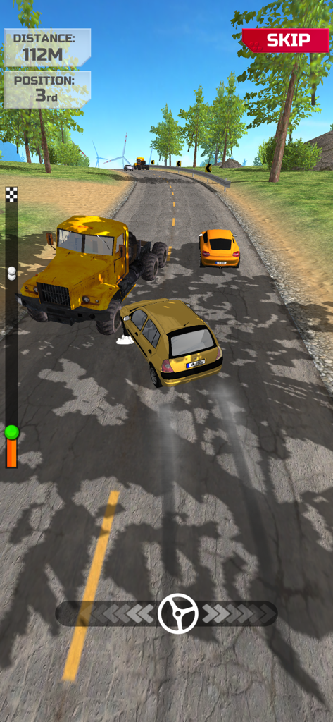 Overtake Race Masters - A yellow car drifting to overtake a truck on a mountain road in Overtake Race Masters