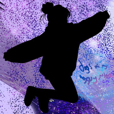realistic girl jumping with a bun and oversized sweatshirt