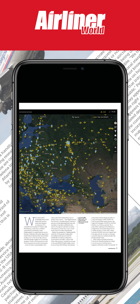 A digital page of Airliner World Magazine showing a detailed flight tracking map and aviation industry article.