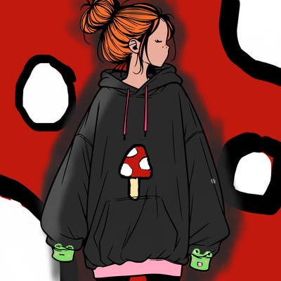 realistic girl with a oversized sweatshirt on and a bun