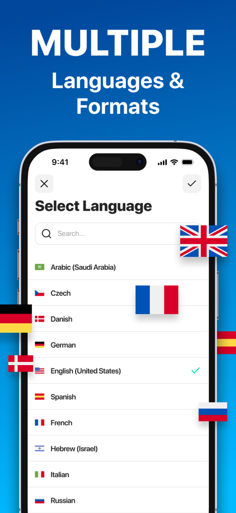 Pantalla de selección de idioma en AI Voice Note Taker mostrando una lista de idiomas admitidos con banderas nacionales.
