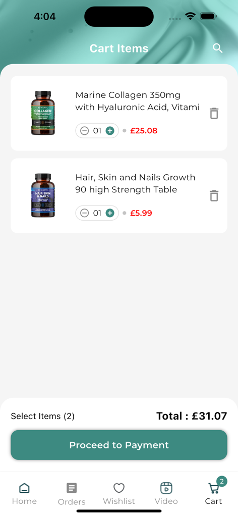 NHT E-Commerce - Tela do carrinho de compras do aplicativo NHT E-Commerce exibindo suplementos de saúde premium