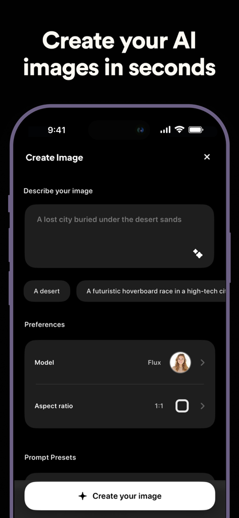 AI画像を生成するためのテキストプロンプトを入力するAI Canvasモバイルインターフェース