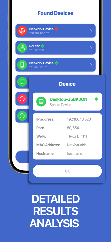 A mobile application interface displaying detailed network analysis for a secure device including its IP address and connection details
