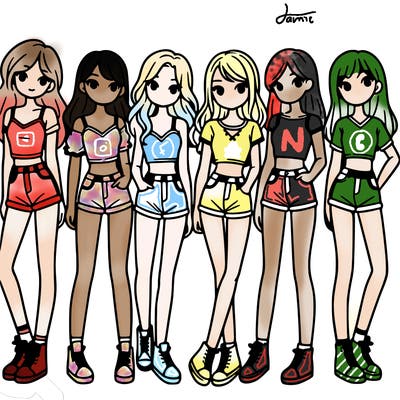 a group of girls wearing crop tops and shorts